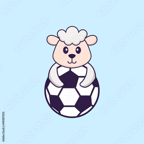 Cute sheep playing soccer. Animal cartoon concept isolated. Can used for t-shirt  greeting card  invitation card or mascot. Flat Cartoon Style