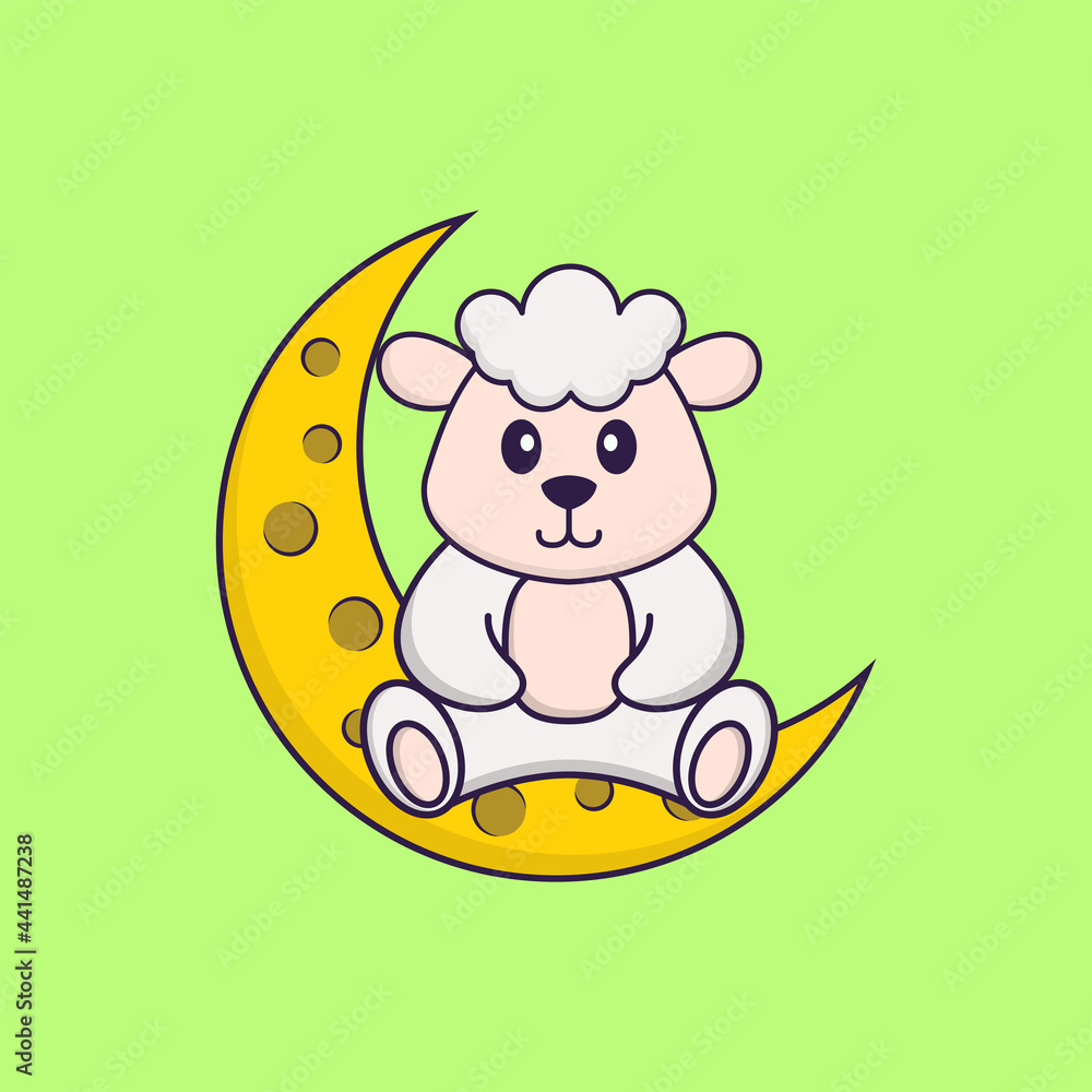 Cute sheep is sitting on the moon. Animal cartoon concept isolated. Can used for t-shirt, greeting card, invitation card or mascot. Flat Cartoon Style