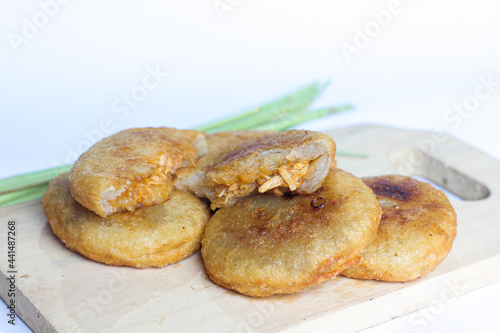 traditional indonesian food cireng spicy chicken filling isolated on white background