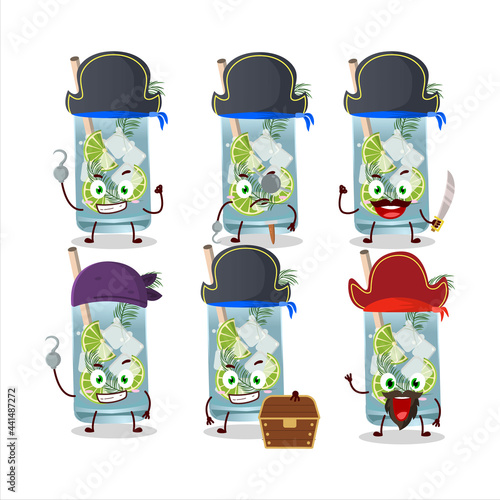 Cartoon character of gin tonic with various pirates emoticons