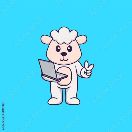 Cute sheep holding laptop. Animal cartoon concept isolated. Can used for t-shirt, greeting card, invitation card or mascot. Flat Cartoon Style