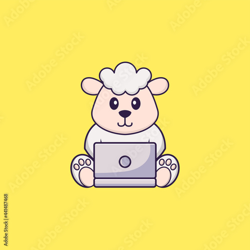 Cute sheep using laptop. Animal cartoon concept isolated. Can used for t-shirt, greeting card, invitation card or mascot. Flat Cartoon Style