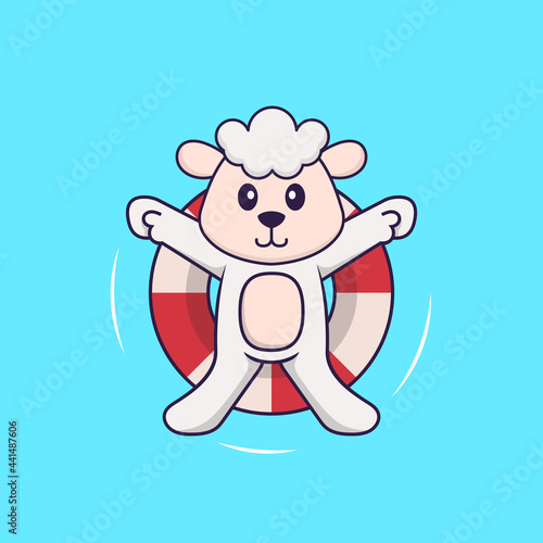 Cute sheep is Swimming with a buoy. Animal cartoon concept isolated. Can used for t-shirt, greeting card, invitation card or mascot. Flat Cartoon Style