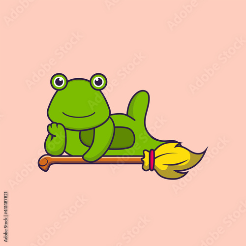 Cute frog lying on Magic Broom. Animal cartoon concept isolated. Can used for t-shirt, greeting card, invitation card or mascot. Flat Cartoon Style