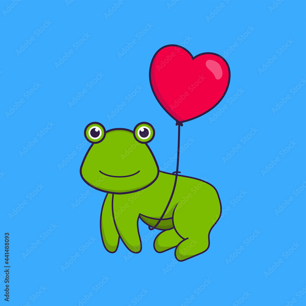 Obraz premium Cute frog flying with love shaped balloons. Animal cartoon concept isolated. Can used for t-shirt, greeting card, invitation card or mascot. Flat Cartoon Style