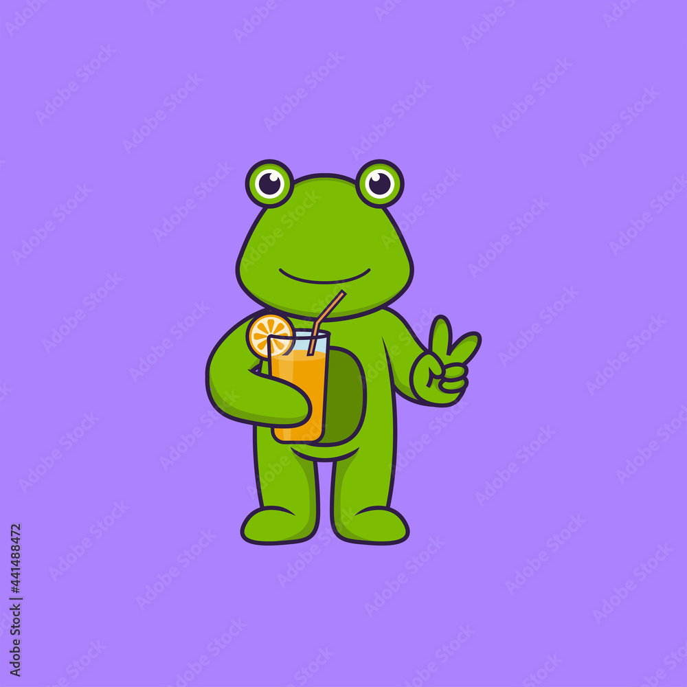 Cute frog holding orange juice in glass. Animal cartoon concept isolated. Can used for t-shirt, greeting card, invitation card or mascot. Flat Cartoon Style Cute frog holding orange juice in glass. Animal cartoon concept isolated. Can used for t-shirt, greeting card, invitation card or mascot. Flat Cartoon Style