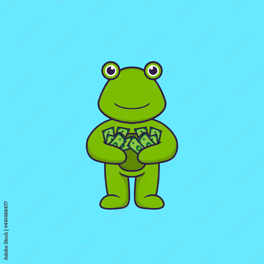 Obraz premium Cute frog holding money. Animal cartoon concept isolated. Can used for t-shirt, greeting card, invitation card or mascot. Flat Cartoon Style