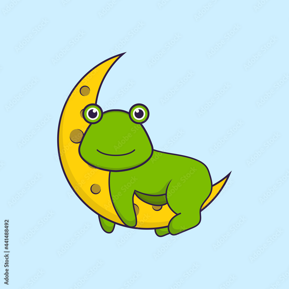 Obraz premium Cute frog is on the moon. Animal cartoon concept isolated. Can used for t-shirt, greeting card, invitation card or mascot. Flat Cartoon Style