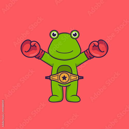 Cute frog in boxer costume with champion belt. Animal cartoon concept isolated. Can used for t-shirt, greeting card, invitation card or mascot. Flat Cartoon Style