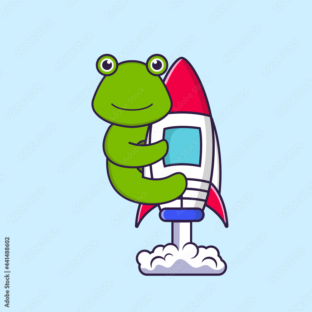 Obraz premium Cute frog flying on rocket. Animal cartoon concept isolated. Can used for t-shirt, greeting card, invitation card or mascot. Flat Cartoon Style