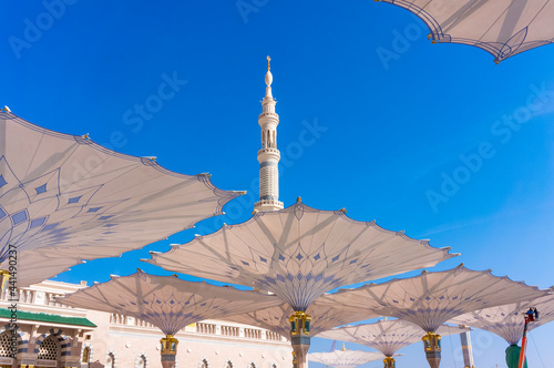 giant canopies at Masjid Nabawi (Mosque) compound in Medina, Kingdom of Saudi Arabia. Nabawi mosque is the second holiest mosque in Islam.
