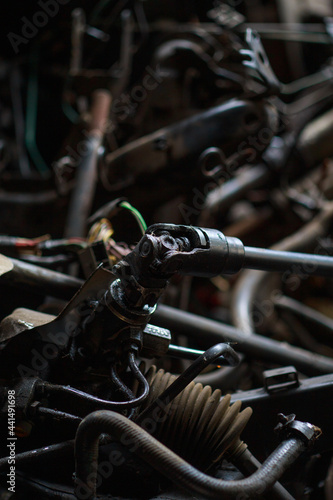 Car motor parts. Auto motor mechanic spare or automotive piece on dark background