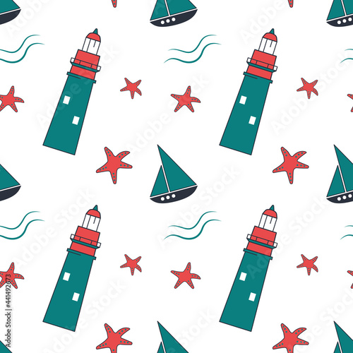 Summer marine seamless pattern with lighthouses, starfish and ships on a white background. Cute print with sea objects. Design for wrapping paper, stationery and textiles.