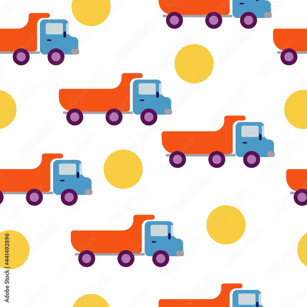 Dump truck in cartoon style seamless pattern, construction machinery and yellow circles on a white background Dump truck in cartoon style seamless pattern, construction machinery and yellow circles on a white background