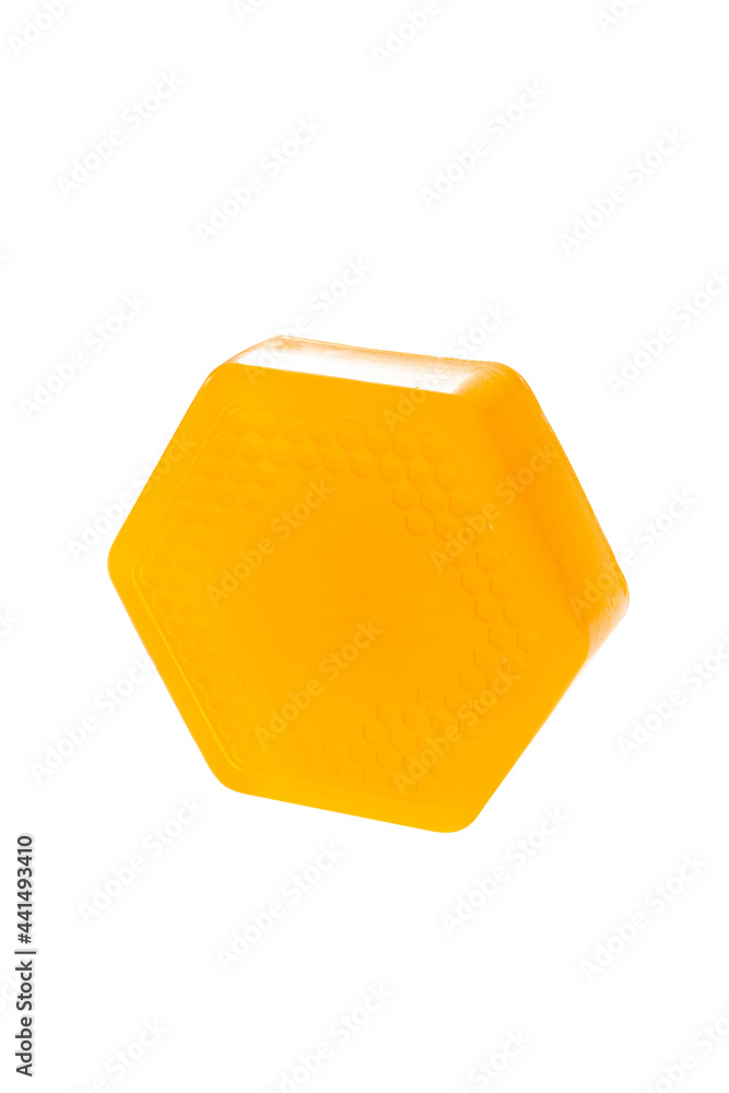 Cosmetic soap with honey ingredient in container isolated on white Cosmetic soap with honey ingredient in container isolated on white