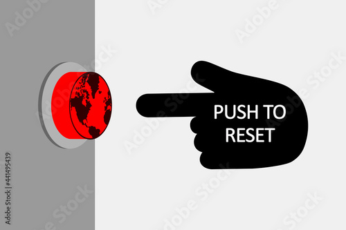 Schilderij op canvas push to reset text on hand, red button with the world on it, reset the world, th