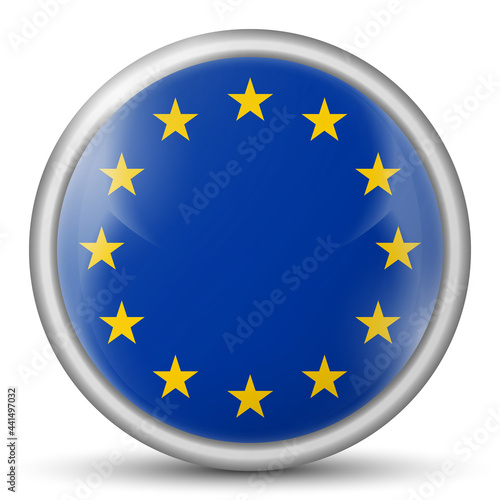 Glass light ball with European Union flag. Round sphere, template icon. EU national symbol. Glossy realistic ball, 3D abstract vector illustration highlighted on a white background. Big bubble