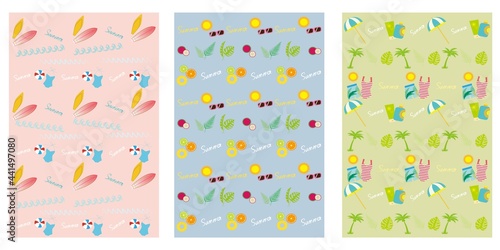 Summer template decoration with summer cute icons. Sunglasses, swimsuits, surf boards, UV care, fruits and tropical leaves. Set of summer frame for design. vector illustration.