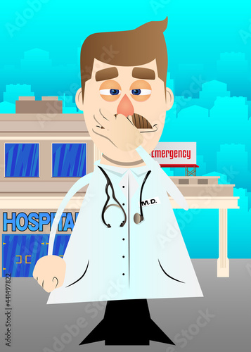 Funny cartoon doctor holding his nose because of a bad smell. Vector illustration. Health care worker.