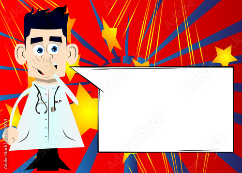 Funny cartoon doctor holding his nose because of a bad smell. Vector illustration. Health care worker.