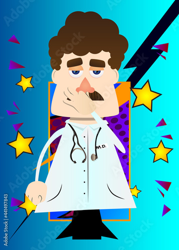 Funny cartoon doctor holding his nose because of a bad smell. Vector illustration. Health care worker.