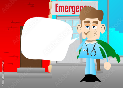 Funny cartoon doctor holding his nose because of a bad smell. Vector illustration. Health care worker.