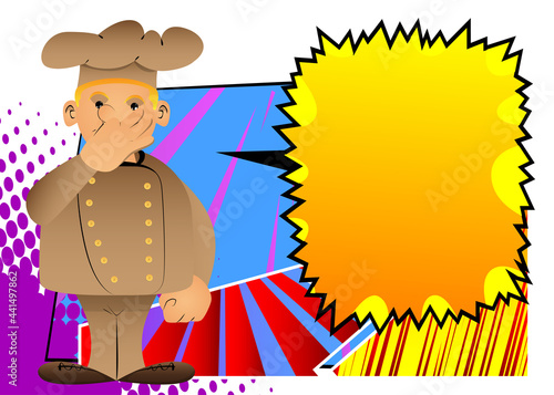 Fat male cartoon chef in uniform holding his nose because of a bad smell. Vector illustration.