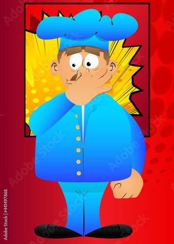 Fat male cartoon chef in uniform holding his nose because of a bad smell. Vector illustration.