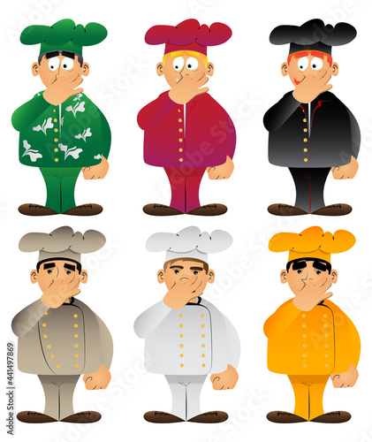 Fat male cartoon chef in uniform holding his nose because of a bad smell. Vector illustration.