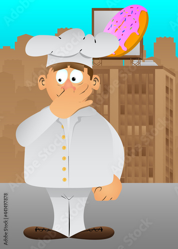 Fat male cartoon chef in uniform holding his nose because of a bad smell. Vector illustration.
