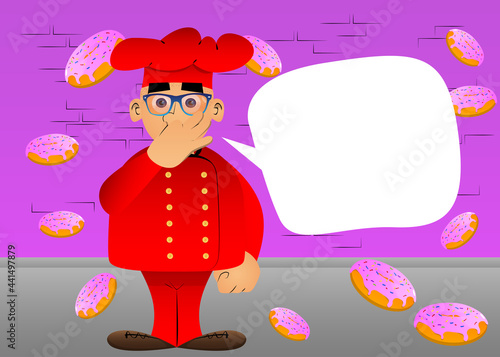 Fat male cartoon chef in uniform holding his nose because of a bad smell. Vector illustration.