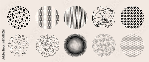 Circle textures with hand drawn textures made with ink pencil brush geometric patterns of spots dots strokes stripes lines