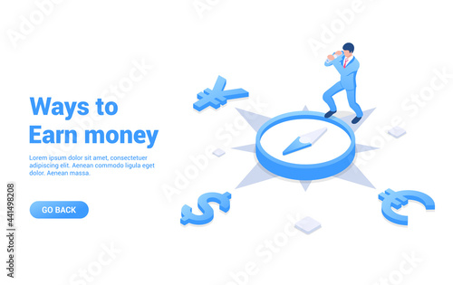 Ways to earn money concept. Businessman looking for opportunities to make money. Vector illustration in isometric style. Isolated on white background.