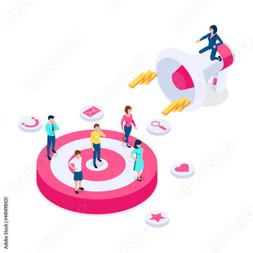 Search for target audience. Concept for Promotion and Advertising, Lead Attraction, Business Clients. Vector illustration in isometric style. Isolated on white background
