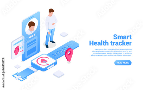 Smart health tracker concept. Smart gadgets for tracking the physical indicators of the body. Digital health care. Vector illustration in isometric style. Isolated on white background