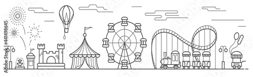 Panorama of an amusement park with a ferris wheel, circus, rides, balloon, bouncy castle. Landscape of urban park. Outline vector illustration