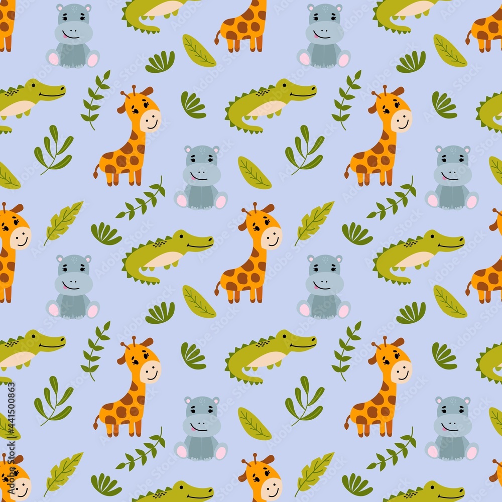 Obraz premium Jungle. Seamless pattern with cute hand-drawn animals. Design for fabric, textile, wallpaper, packaging, nursery decoration.