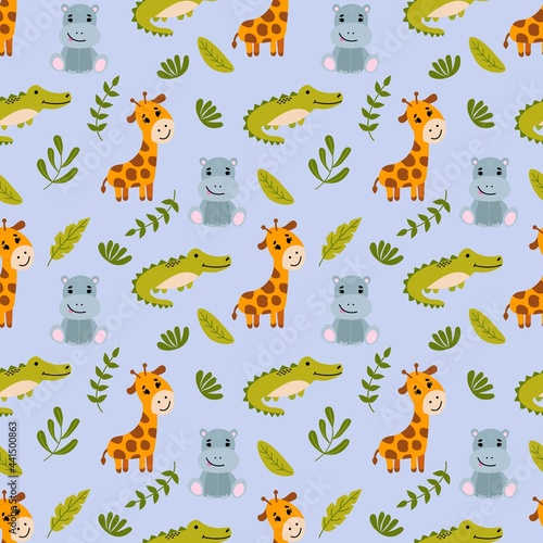 Jungle. Seamless pattern with cute hand-drawn animals. Design for fabric  textile  wallpaper  packaging  nursery decoration.