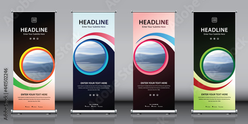 4 in 1 vertical roll up street standee banner set. collection of four themes with red green blue pink yellow orange color theme editable design vector template with image. street display banner