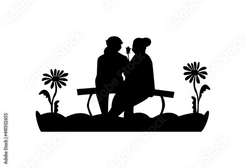 an elderly couple in love sits on the benches, rear view. silhouette. laser cut design. vector. eps