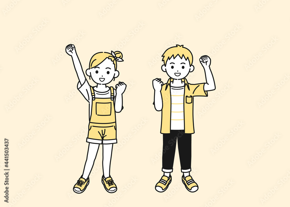 元気な男の子と女の子のイラスト　ガッツポーズ　子供　小学生　低学年　全身