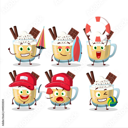 Happy Face eggnog cartoon character playing on a beach