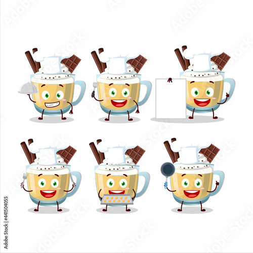 Cartoon character of eggnog with various chef emoticons