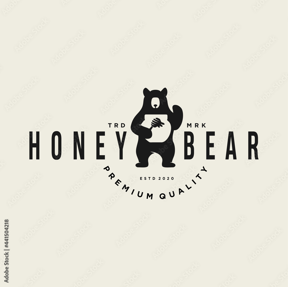 Honey bear with bee hive logo vector design illustration with a drop of honey icon mascot silhouette . retro vintage symbol emblem 