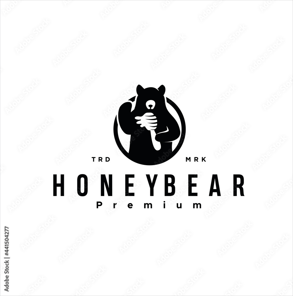 Honey bear with bee hive logo vector design illustration with a drop of honey icon mascot silhouette . retro vintage symbol emblem Honey bear with bee hive logo vector design illustration with a drop of honey icon mascot silhouette . retro vintage symbol emblem