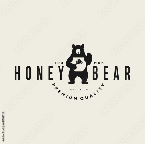 Honey bear with bee hive logo vector design illustration with a drop of honey icon mascot silhouette . retro vintage symbol emblem 
