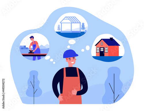 Constructor thinking about stages of building house. Man in helmet planning work process flat vector illustration. Engineer, construction concept for banner, website design or landing web page