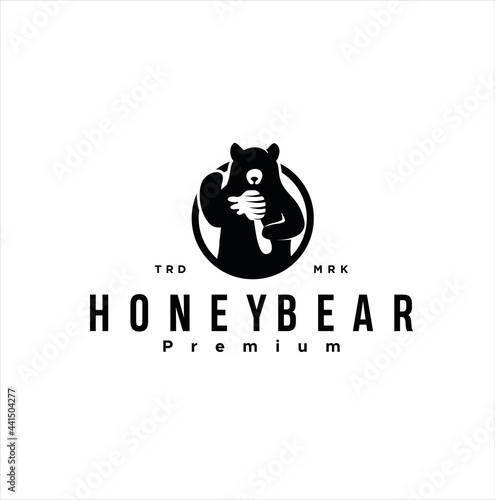 Honey bear with bee hive logo vector design illustration with a drop of honey icon mascot silhouette . retro vintage symbol emblem 