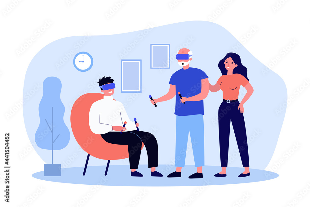 Obraz premium Adult children showing elderly father virtual reality glasses. Flat vector illustration. Son and father playing virtual reality games, holding controllers. VR, technology, game, family concept