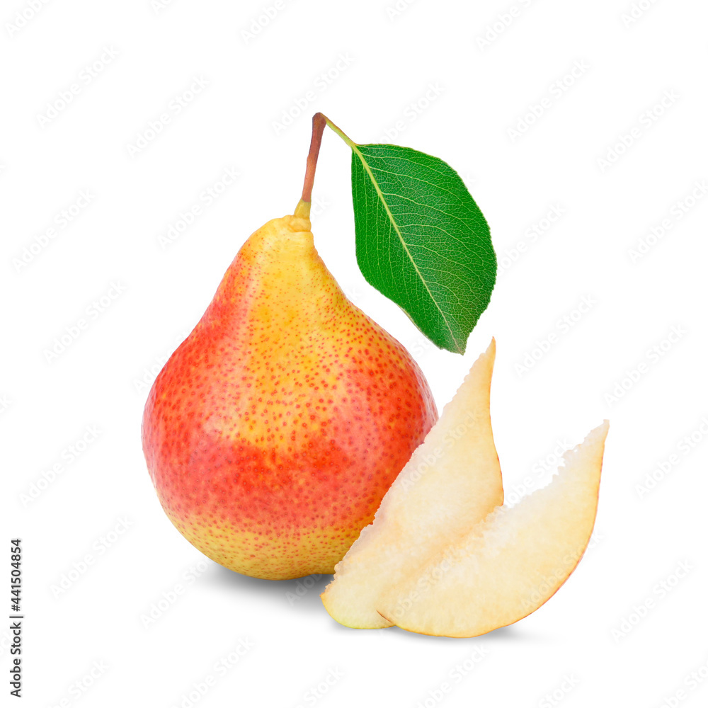 A bright ripe pear with a green leaf and pieces lying next to it on a white isolated background. A bright ripe pear with a green leaf and pieces lying next to it on a white isolated background.
